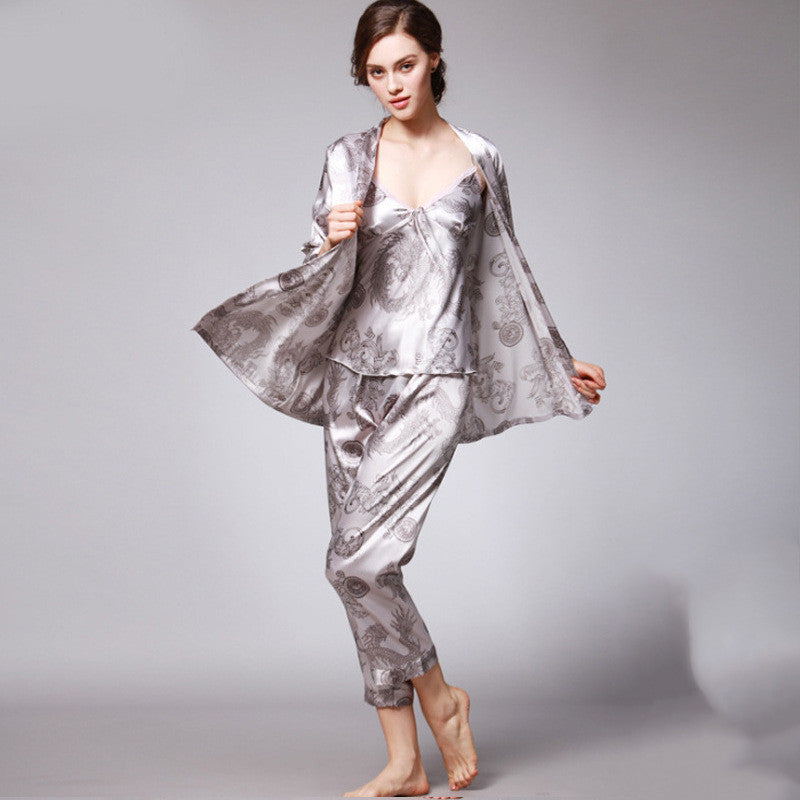 Ensemble de pyjama trois pièces en soie artificielle pour femme