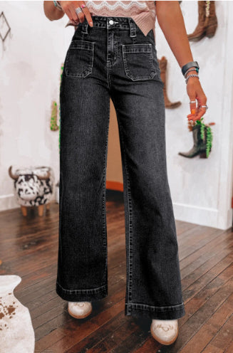Pantalon droit femme taille haute bleu foncé style rétro