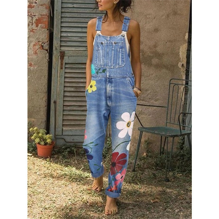 Printed Washed Denim Overalls in Polyester Fiber