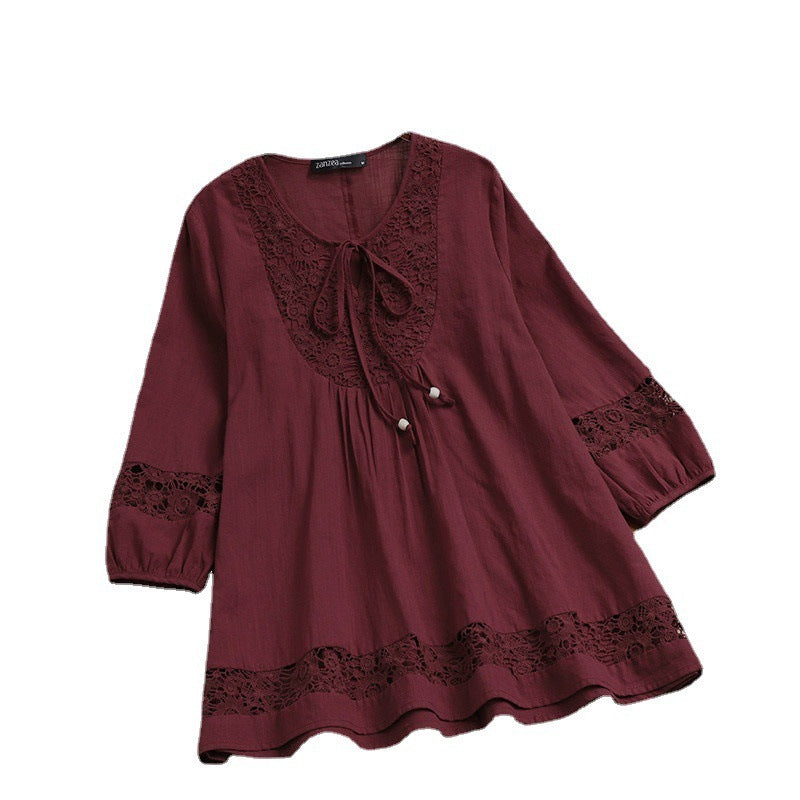 Cotton Linen Lace 3/4 Sleeve Loose Women's Top T-Shirt
