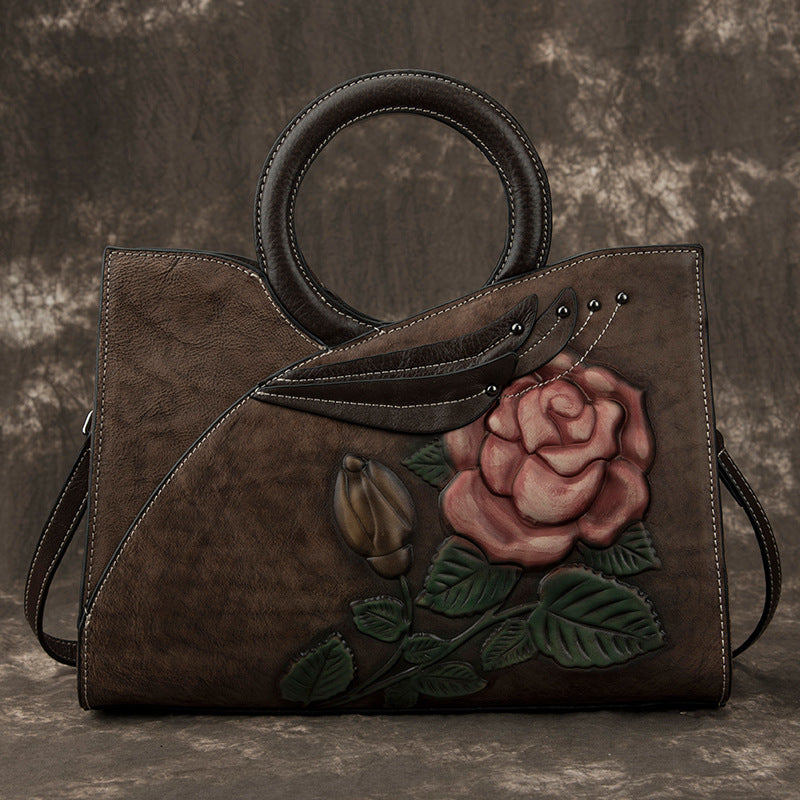 Handmade Women's Leather Handbags with Floral Design and Zipper Closure