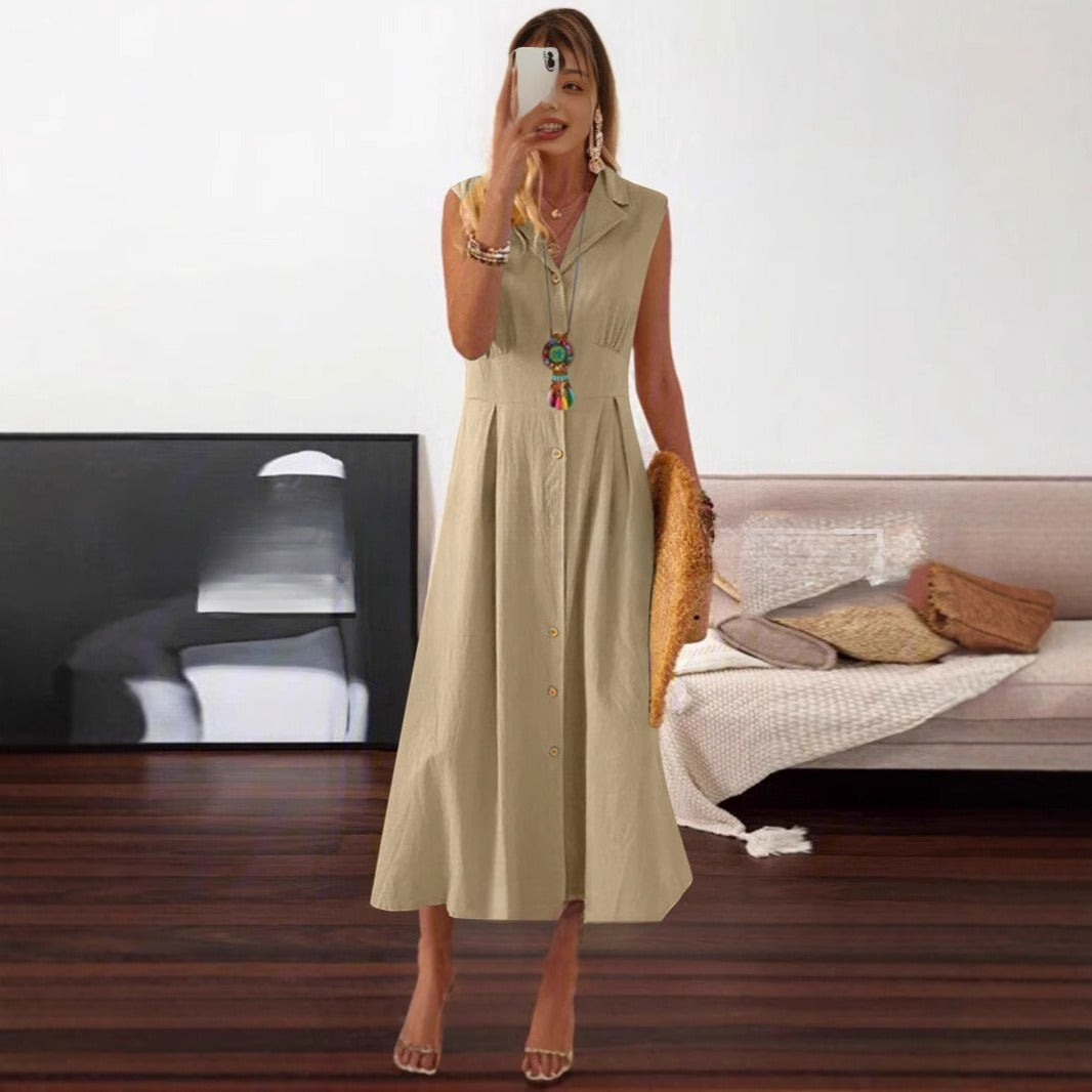 Plus Size Women's Sleeveless Cotton Linen Lapel Button Dress