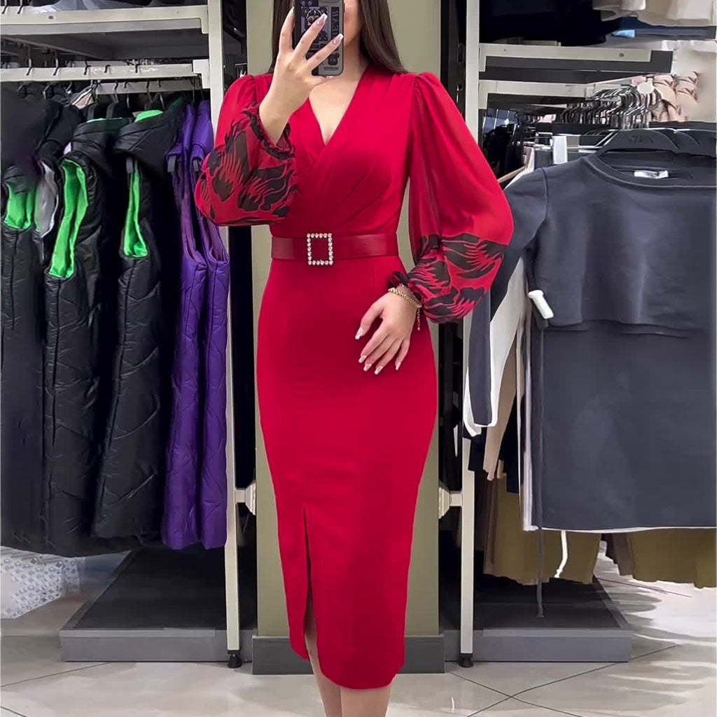 Robe cintrée rouge imprimée avec ceinture pour femme en polyester taille moyenne