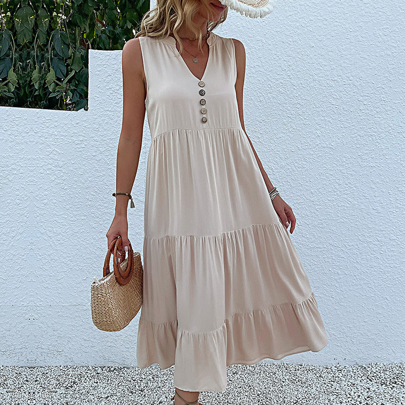 Sleeveless Loose Cotton Sundress Mid-Length Solid Colors