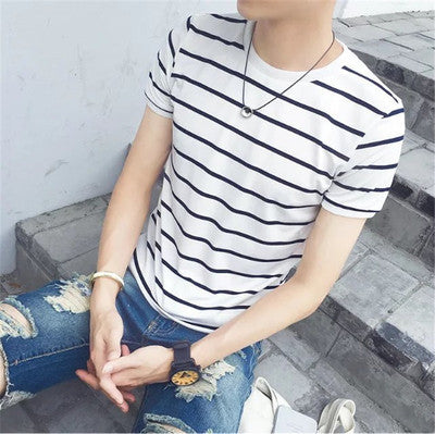 T-shirt rayé homme coupe slim, col rond, sans col