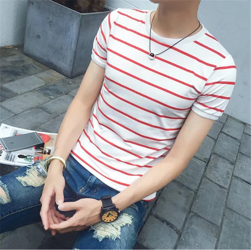 T-shirt rayé homme coupe slim, col rond, sans col