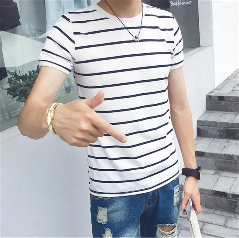 T-shirt rayé homme coupe slim, col rond, sans col