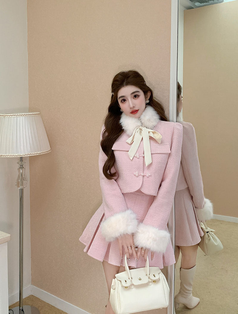 Ensemble tailleur jupe plissée taille haute et haut sans manches à col amovible en fourrure pour femme