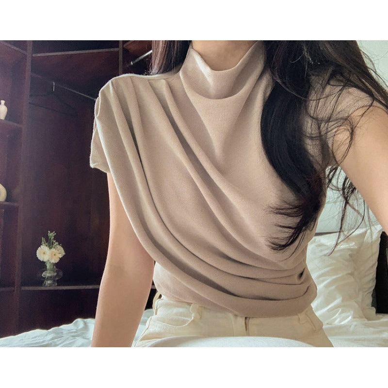 French Turtleneck Short Sleeve Modal T-Shirt for Women, Waist-Controlled Top