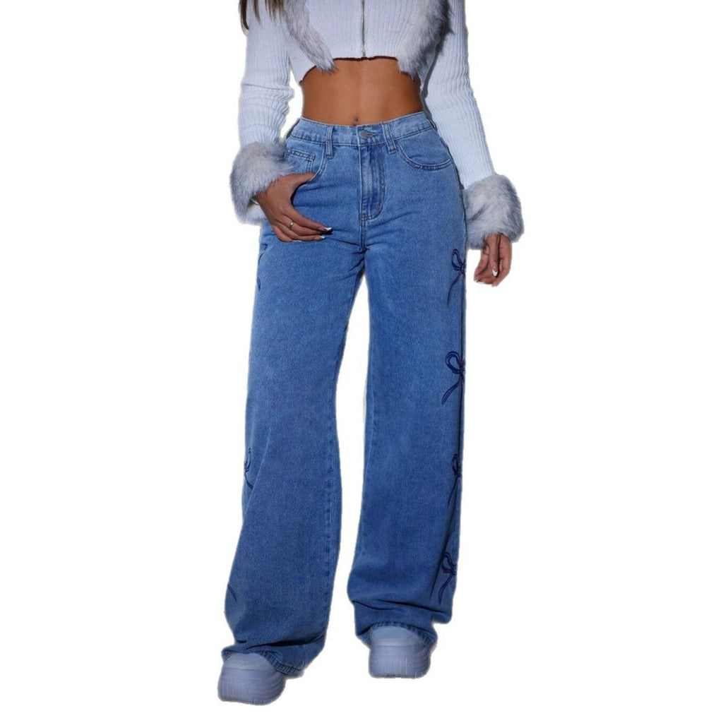 High-Waisted Printed Straight-Leg Wide-Leg Denim Jeans