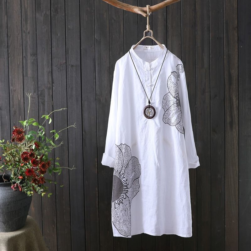 Ladies Mid-Length Loose Cotton Linen Embroidered Pullover Shirt