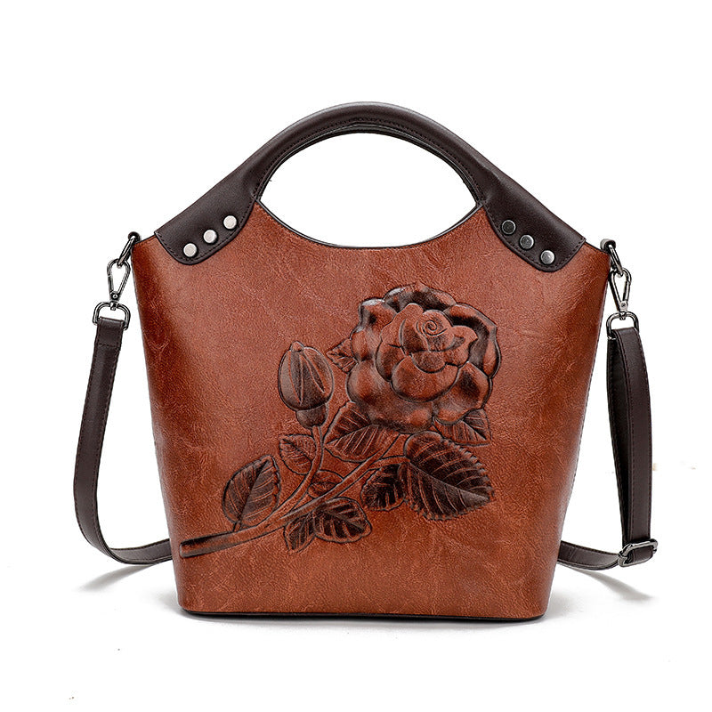 Embossed PU Bucket Shoulder Bag with Zipper, 36x37x13cm