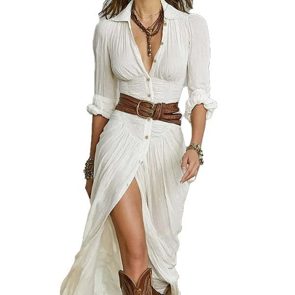Women’s Sexy Solid Color Irregular Pleated Belted Dress