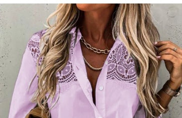 Chemise cardigan à revers en dentelle à manches longues ample de couleur unie pour femmes