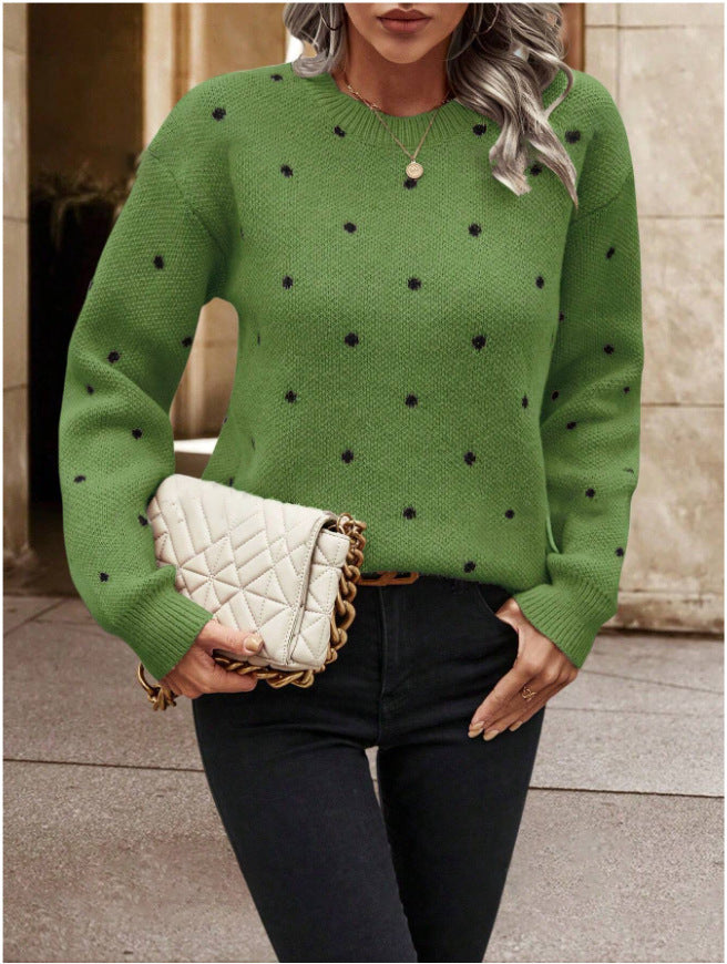 Polka Dot Print Pullover Sweater Long-Sleeve Casual Knit Top for Women