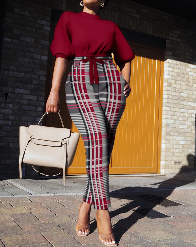 Women's Three-Quarter Sleeve Casual Fashion Set with Lace-Up Detail