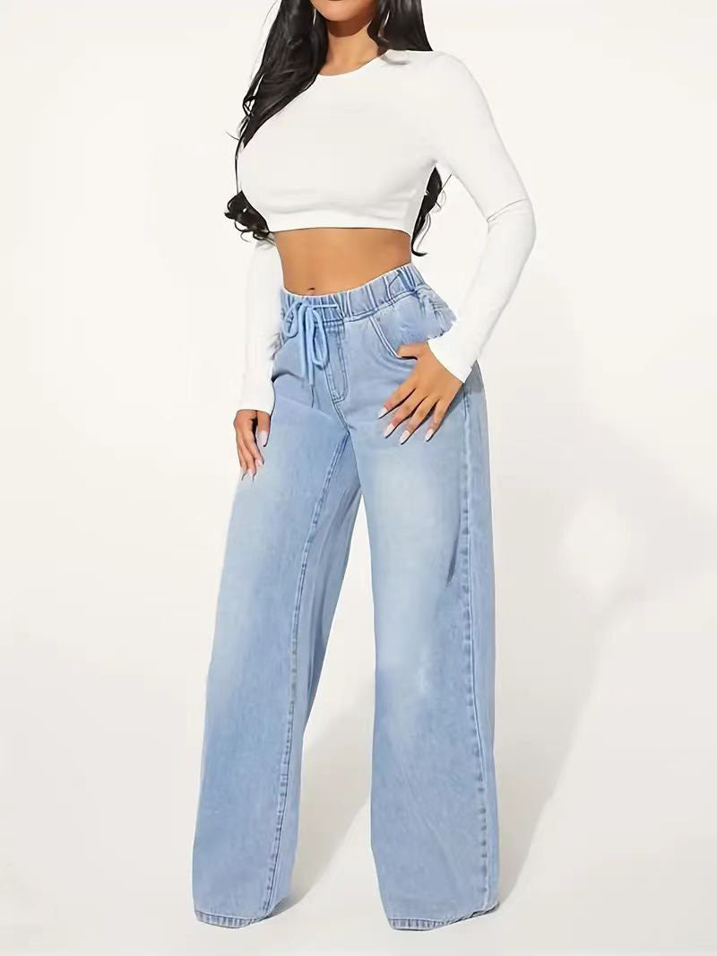 High Waist Light Blue Wide Leg Drawstring Jeans