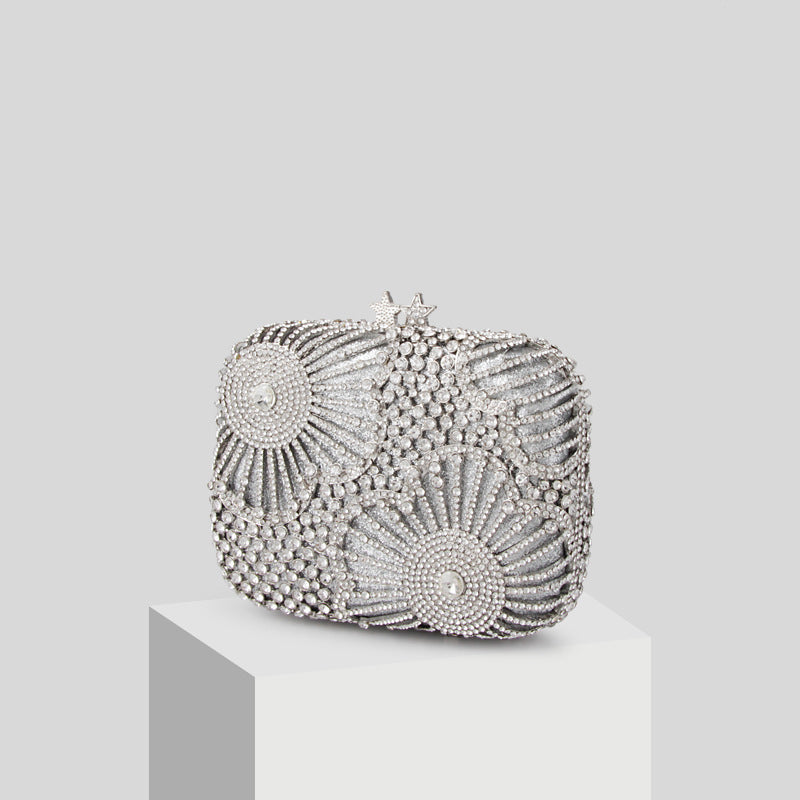 Star Flower Rhinestone Silver Alloy Clutch Dinner Bag 15.5x13.5x5.5cm