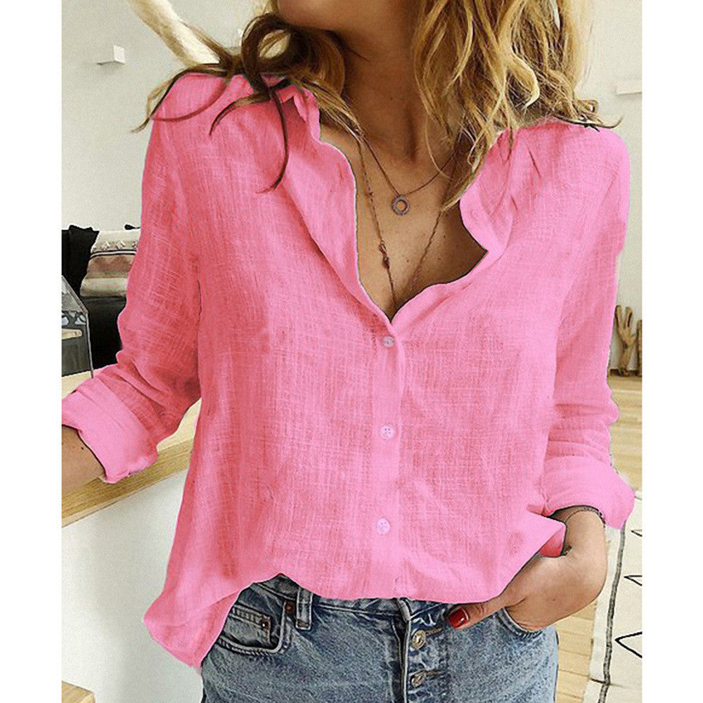 Plus Size Ladies Casual Loose Long-Sleeve Linen Shirt