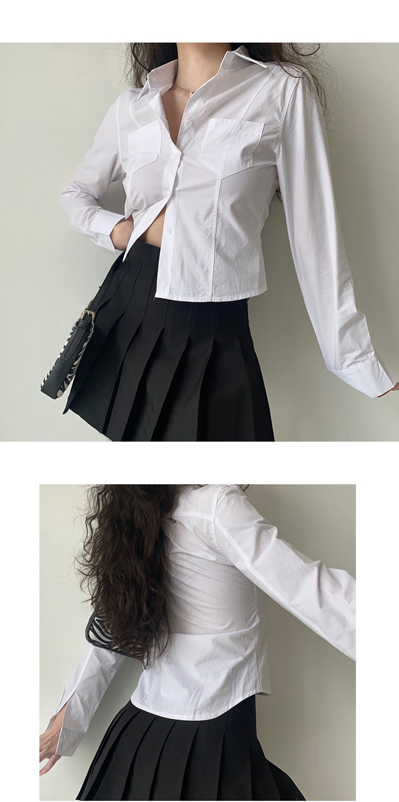 Chemisier Femme Blanc à Revers Manches Longues Printemps-Été Coupe Ajustée Polyester