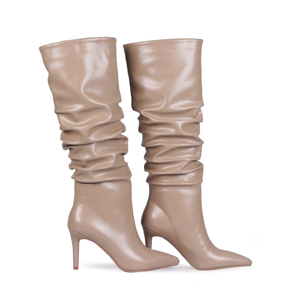 Pleated Mid Boot Pointed Toe High Slim Heel Rubber Sole PU