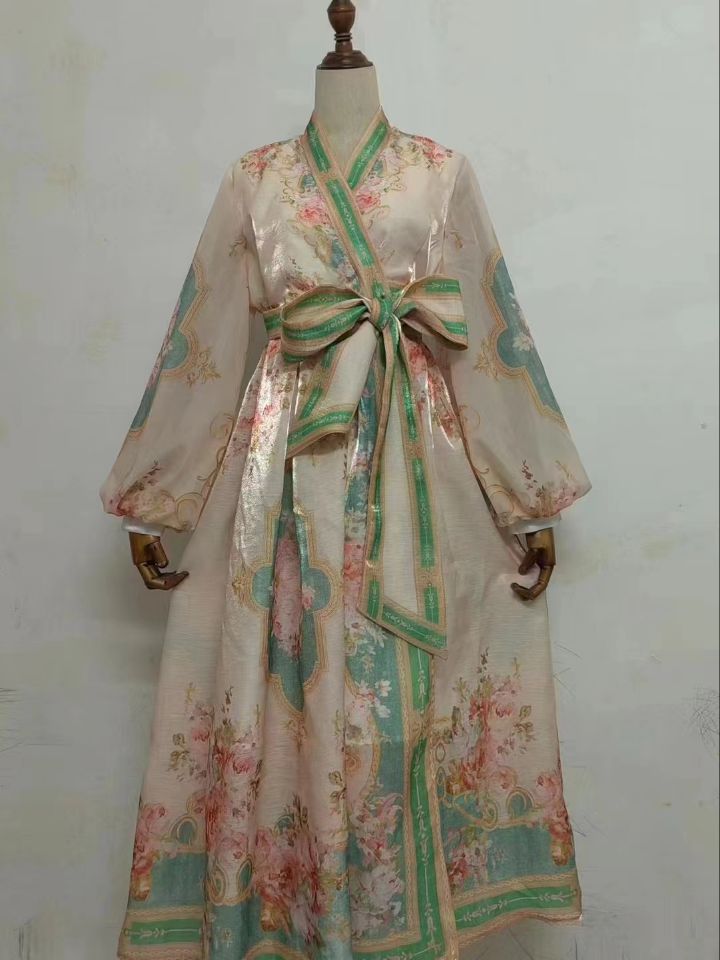 Women's Waist-Controlled Stylish Dress with Lantern Sleeves in Pink, Blue, Green S-XL