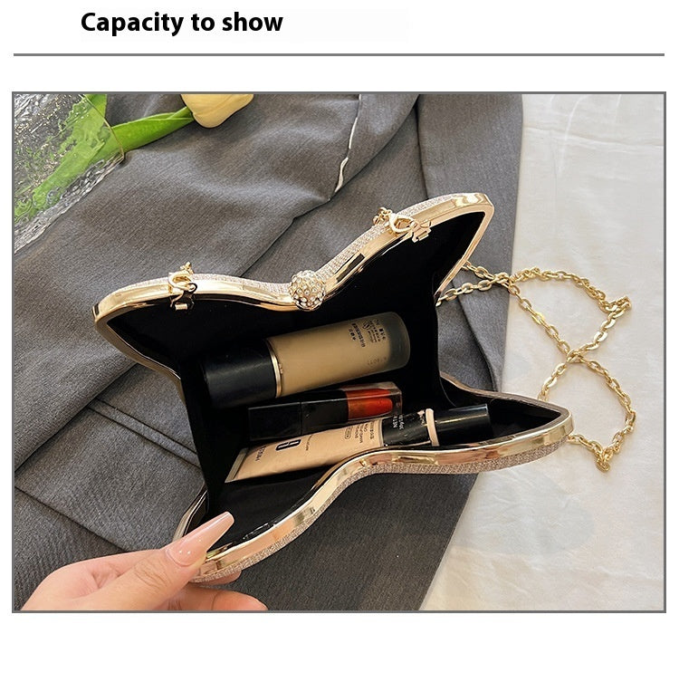 Butterfly Stripe Clipped Button Metal Chain Bag for Women