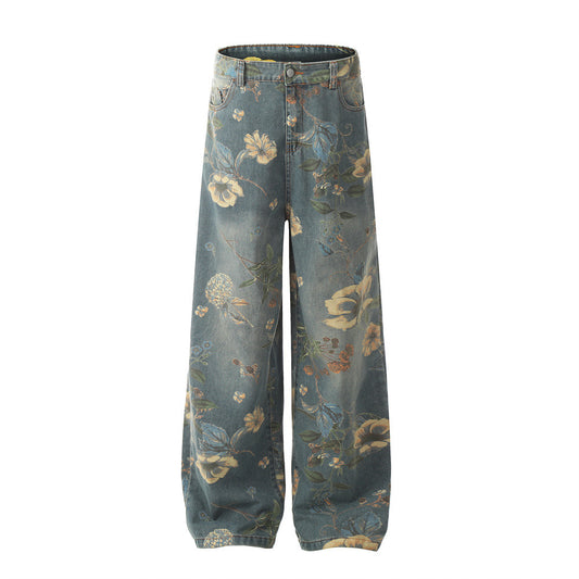 Men's Printed Niche Loose Wide Leg Denim Trousers