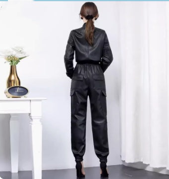 Slim Fit Black PU Leather Work Suit & Jumpsuit for Women, Sizes S-3XL