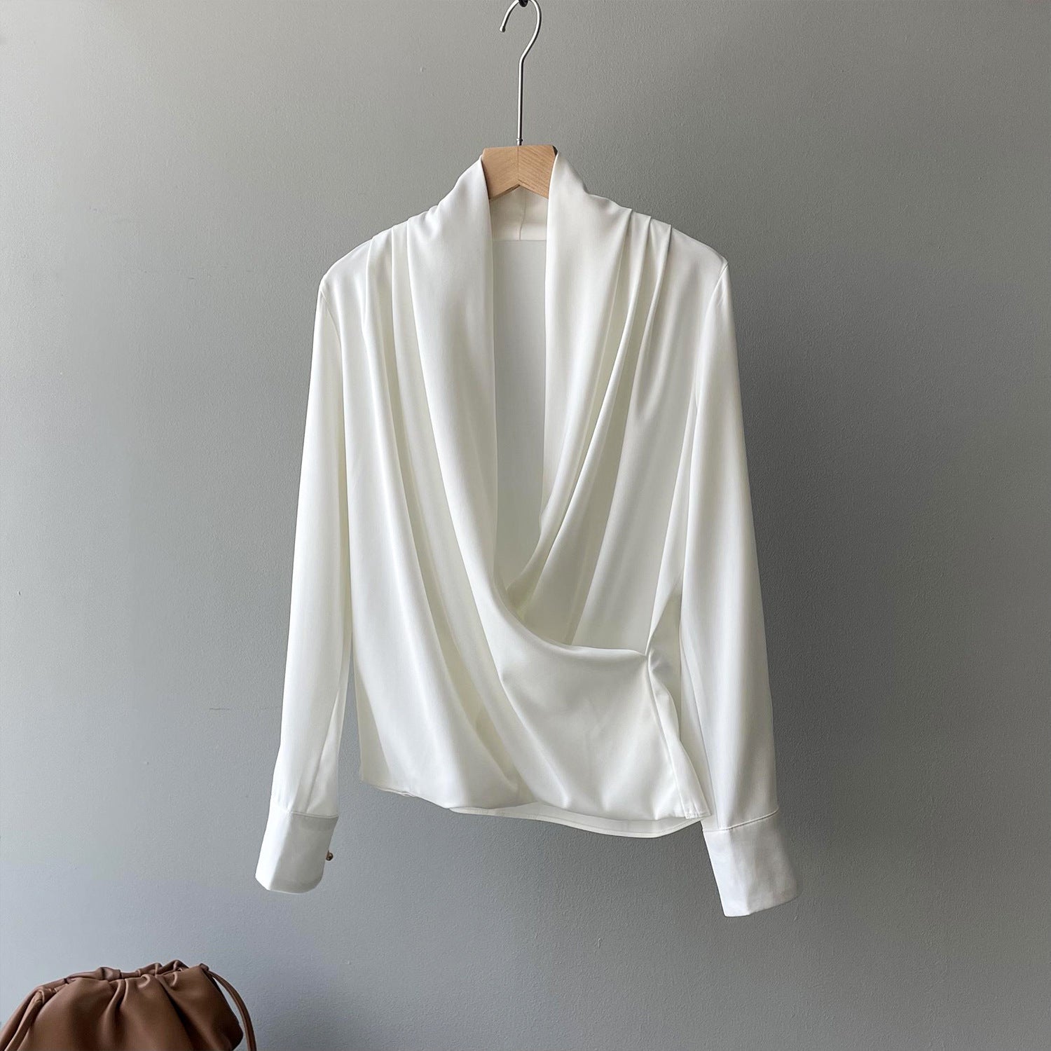 Women's Elegant White Satin V-Neck Long Sleeve Shirt