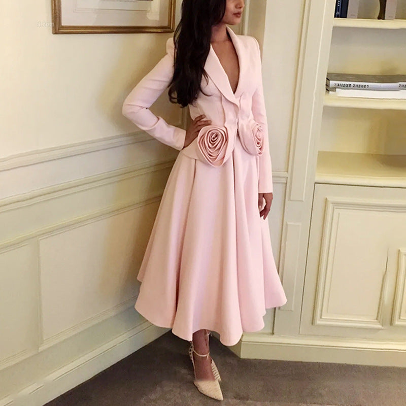 French Elegant Rose Pattern Two-Piece Set with Long Sleeve Top and Skirt