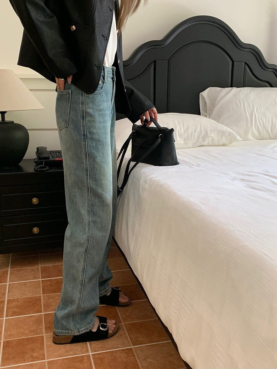 High Waist Blue Slimming Straight Leg Pants for Women