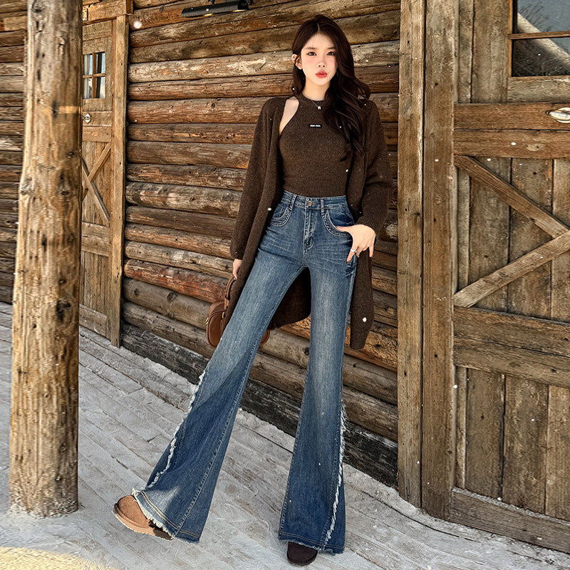 Fringed High Waist Skinny Jeans for Women Spring Retro Denim