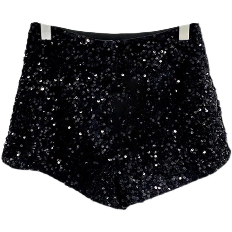 Short Hot Noir à Sequins Taille Haute Jambe Large en Polyester