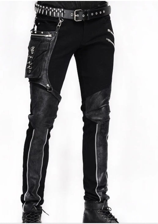 Stitching gear zipper leather pants black slim men's pant
