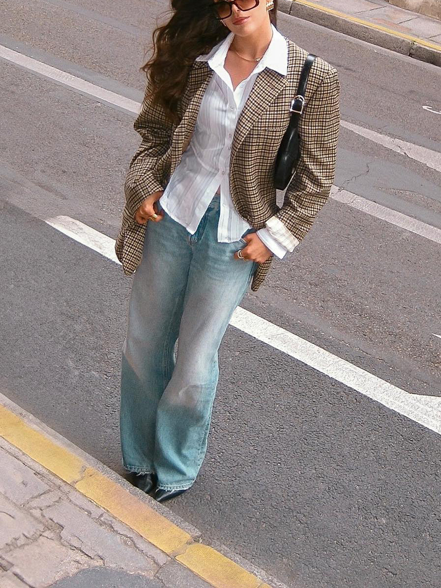 Elegant Plaid Polyester Blazer for Work & Daily Wear