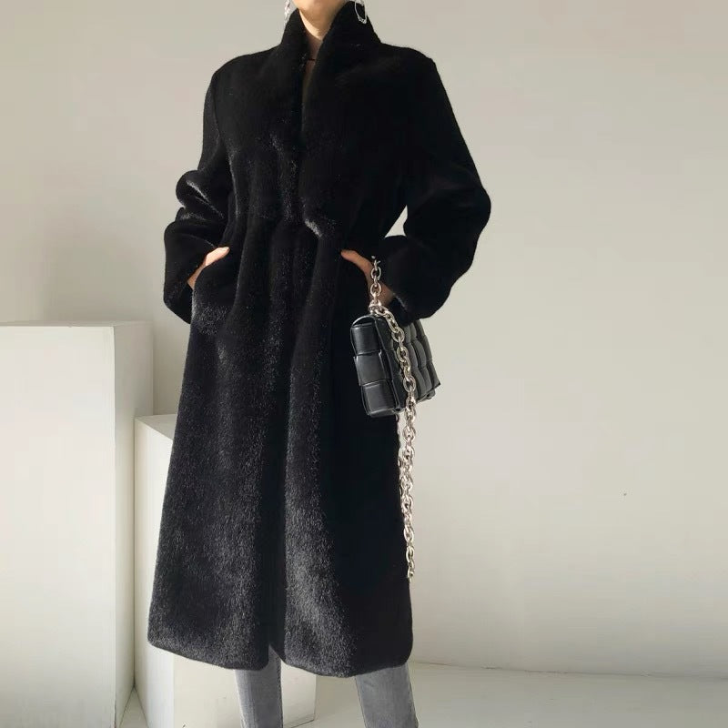 Manteau mi-long en fausse fourrure de martre noir pour femme avec col montant