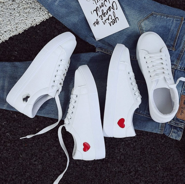Women’s PU Leather Heart Flats Casual Breathable White Sneakers