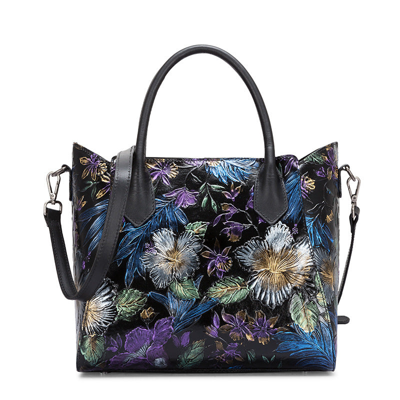 Ethnic Style Women's First Layer Cowhide Floral Messenger Shoulder Bag