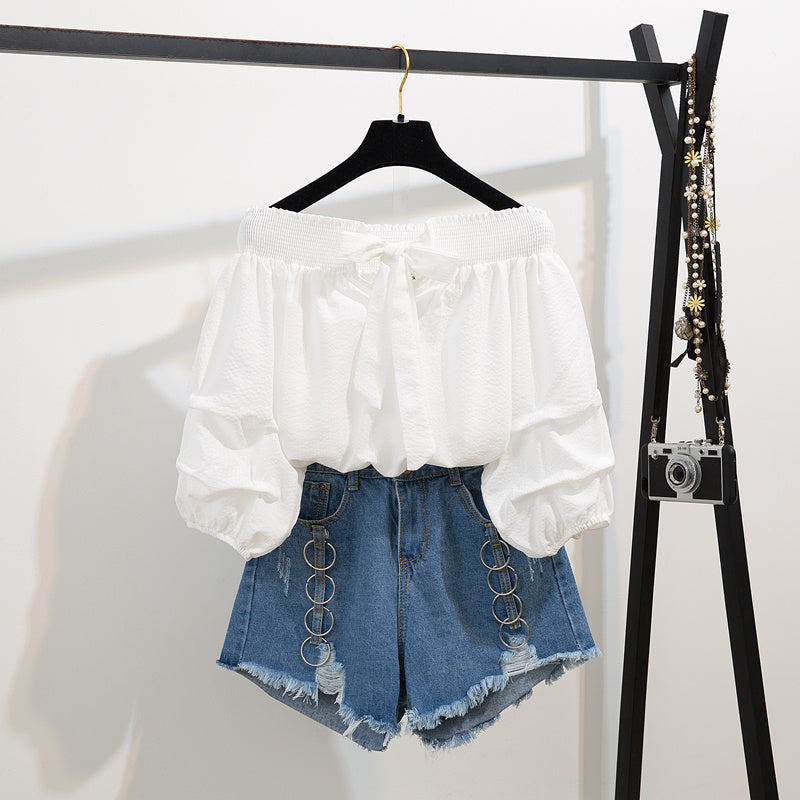 Two-piece suit with high neck denim shorts