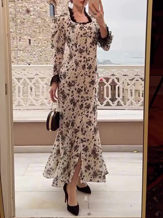 Elegant Print Lace Button Dress