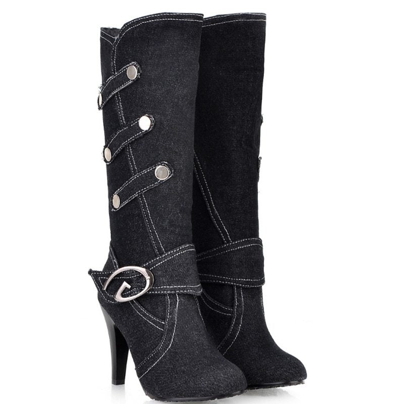 Bottes vintage à talons hauts aiguilles en tissu pour femmes - Noir et bleu, Pointures 34-48