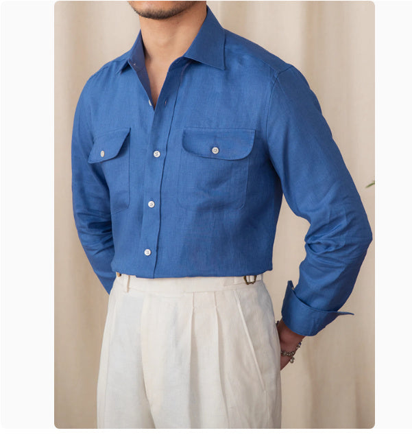 Business Gentry Casual Pure Linen Long Sleeve Shirt in Blue, White, Picklesgreen - M to 3XL