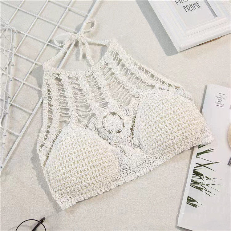 Haut à bretelles en coton brodé ajouré pour femme avec coussinets de poitrine