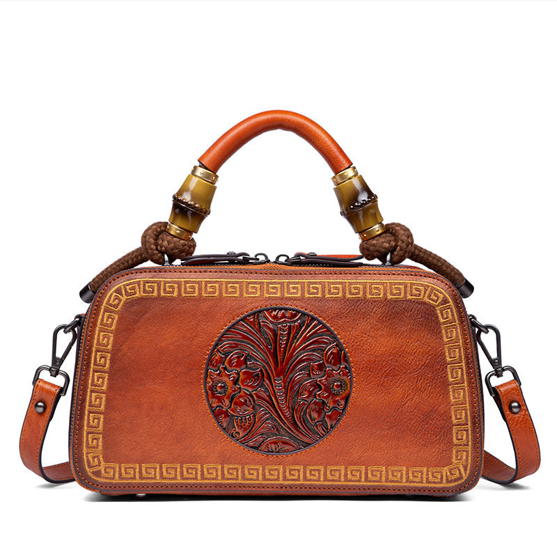 Sac pour femmes en cuir de vachette couche supérieure 25x22.5x10cm Retro Rouge Marron