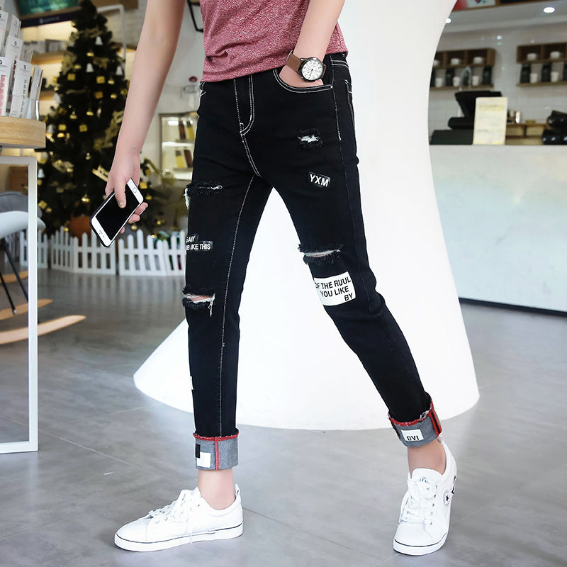Autumn Black Ripped Ankle Jeans for Men