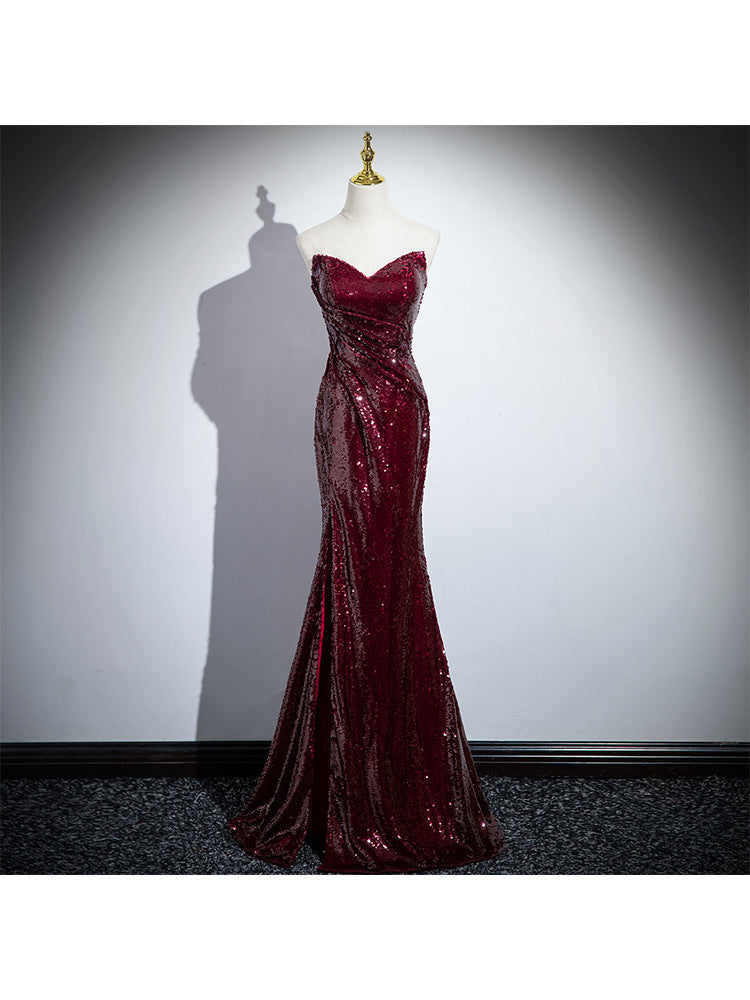 Wine Red Fishtail Sequins Wedding Evening Dress with Lantern Sleeves