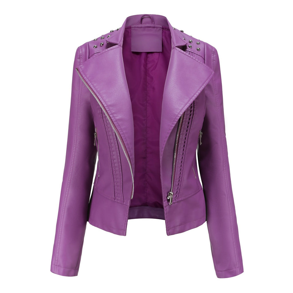 Beaded Leather Women's Long-Sleeve Lapel Motorcycle Jacket Thin Fashion Coat