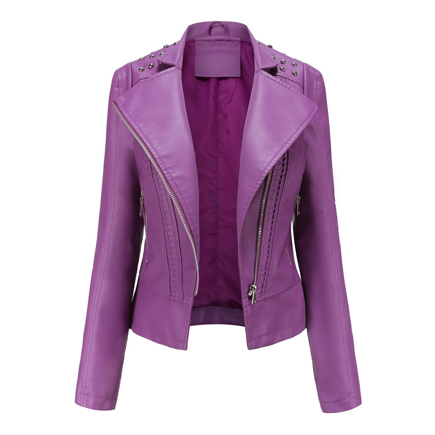 Beaded Leather Women's Long-Sleeve Lapel Motorcycle Jacket Thin Fashion Coat