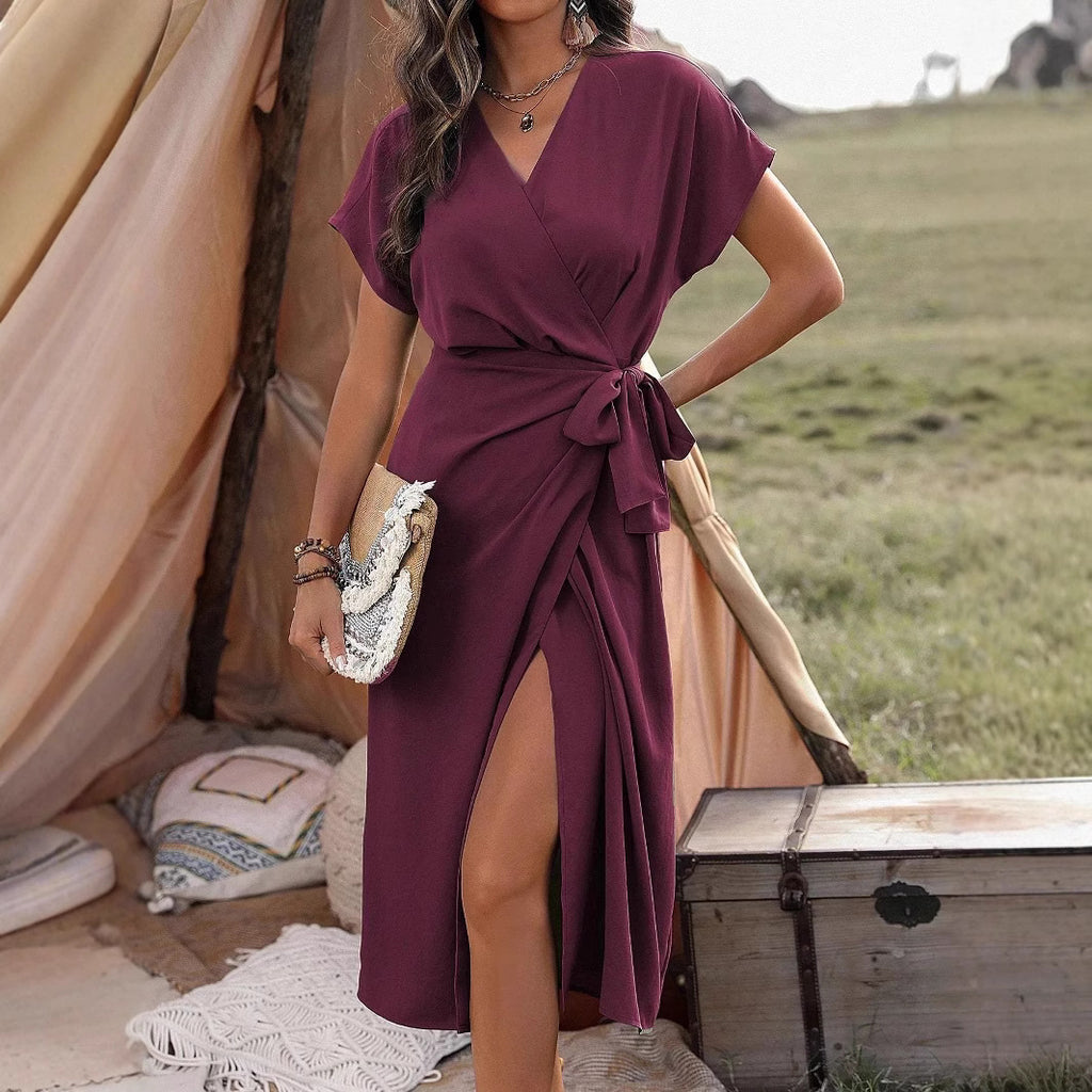 Robe portefeuille à bretelles de couleur unie pour femme, mi-longue, mode décontractée